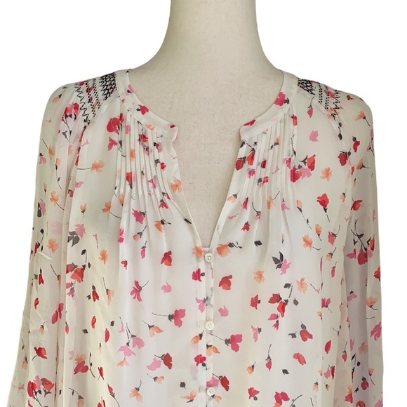 Joie Gontilda Silk Pink Floral Printed Semi Sheer Smocked Pintucked Blouse - M - Picture 6 of 16